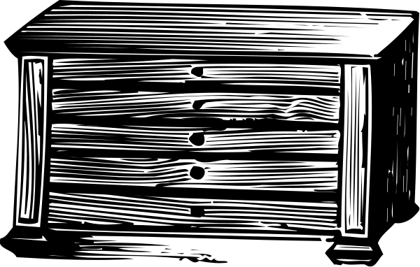 The black and white illustration shows a wooden chest with two drawers on top of each other against an indistinct background.