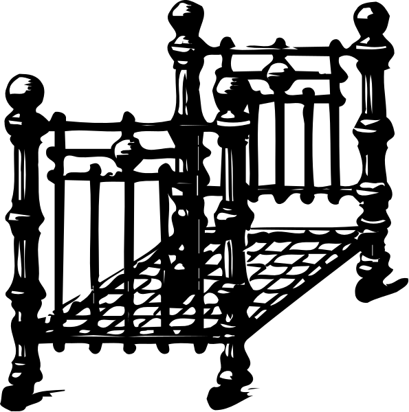 The black and white silhouette of a staircase with railings on either side leading to an upper level where there is one bed visible through window panes at top right corner.