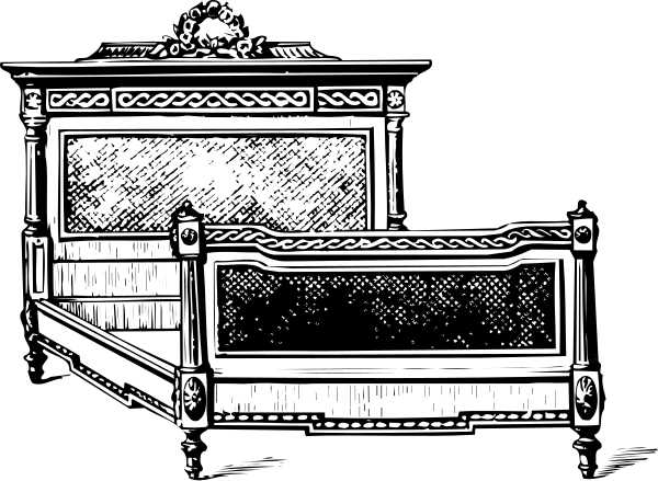 The black and white illustration shows a single bed with an intricate headboard placed against a wall inside what appears to be a bedroom.