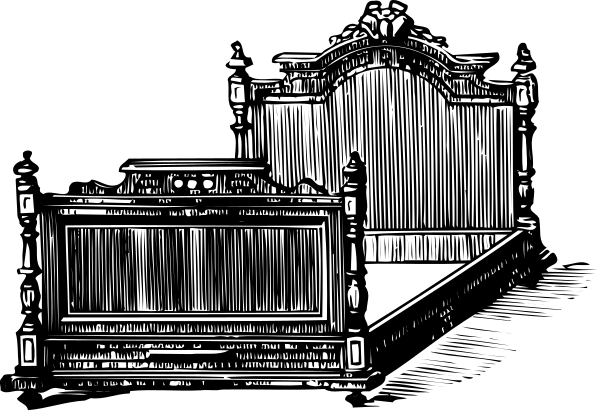 The black and white illustration shows a bedroom with an unmade bed on it next to a nightstand, suggesting that someone has recently been in this space but left without tidying up after themselves.