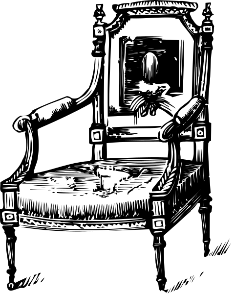 The black and white illustration depicts a throne with two arms resting on it at either end of an open door; there is no person present in this image.