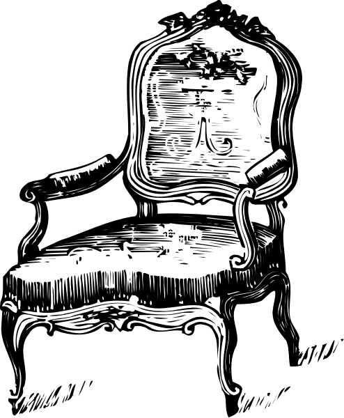 The black and white illustration shows a chair with an intricate design on it placed against a dark background.