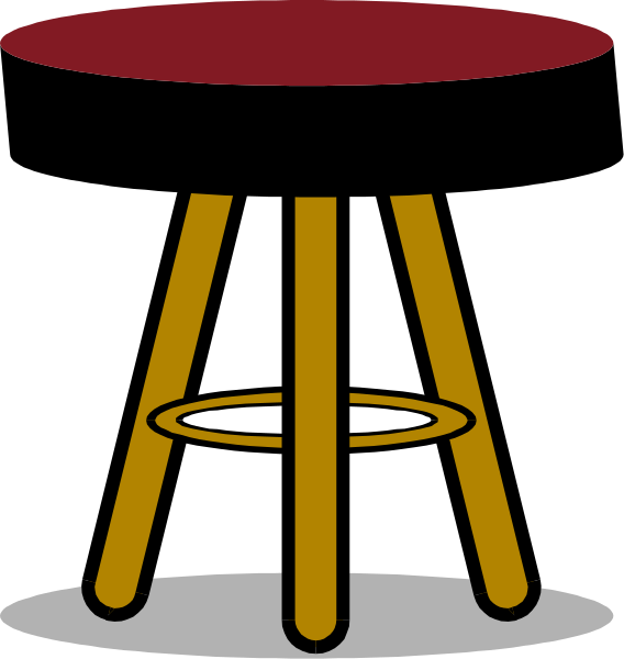 The images show two different stools with a barstool design on them: 1) A black-and-white image of an empty wooden barstool; 2) An animated version featuring three items - a red table, a yellow chair and another identical item to it in the background. Both are set against a plain white backdrop. The style is simple with minimal detailing. There's no text or action depicted here. It appears more like an iconic representation of furniture rather than depicting any specific setting or scene.