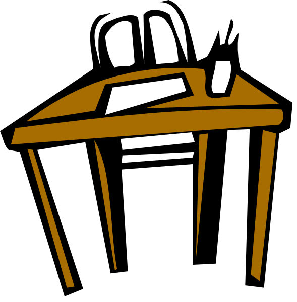 The images show a desk with an open book on it next to two chairs; there is no person present.
