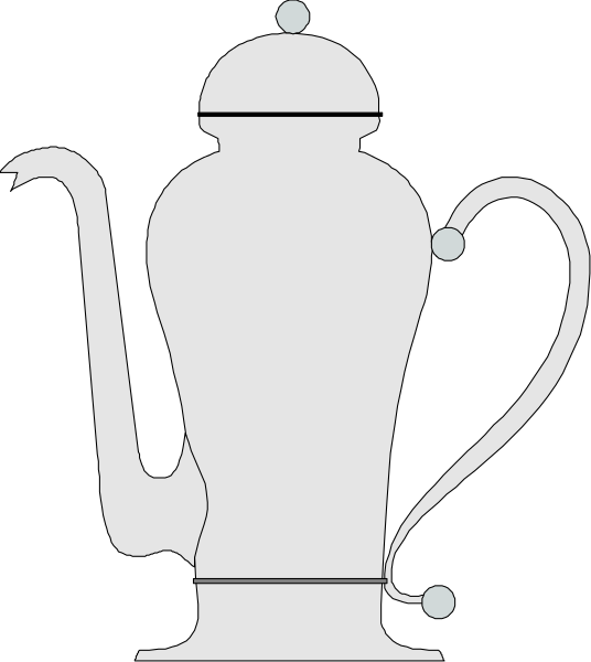 The black and white illustration shows a silver teapot with two handles on either side of its body, positioned centrally against a dark background; to the left is an image of a key in silhouette form within a circle that resembles a lock or safe icon.