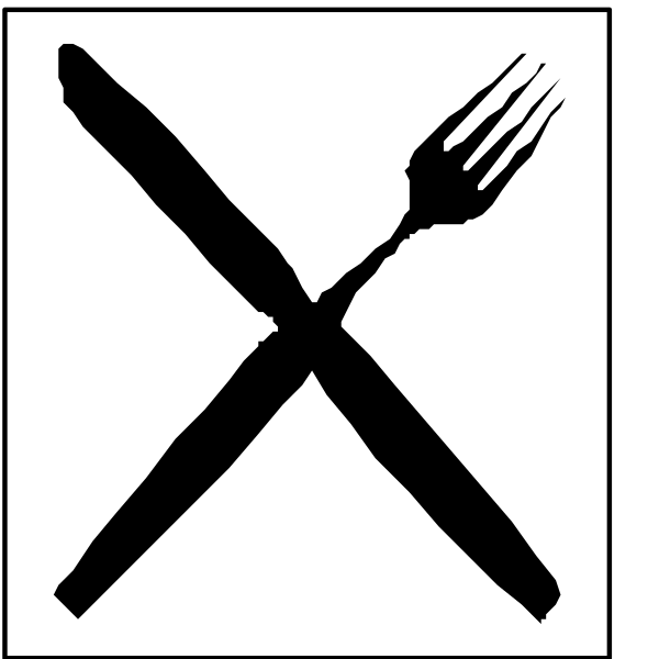 The image shows a black and white symbol of an eating utensil crossed out by another line with a fork on it to its right side.