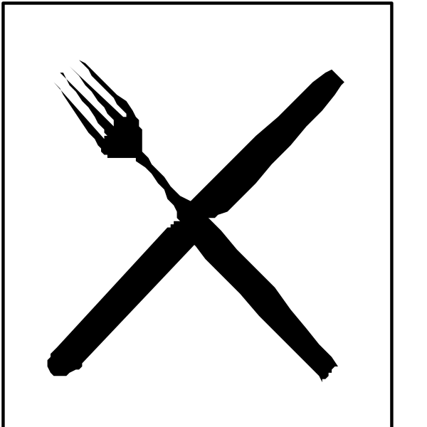 The image shows a black square with two crossed out symbols: on top left is an eating utensil (fork), indicating that food should be removed from the area; below it to its right is another symbol, which appears to represent a fork and knife together in one icon, suggesting no dining allowed.