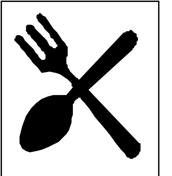 The image shows a black and white icon with two symbols: on top there is an eating utensil (fork), indicating food; below it to its right is another symbol of a spoon, also suggesting dining items like spoons for serving soup or other dishes.