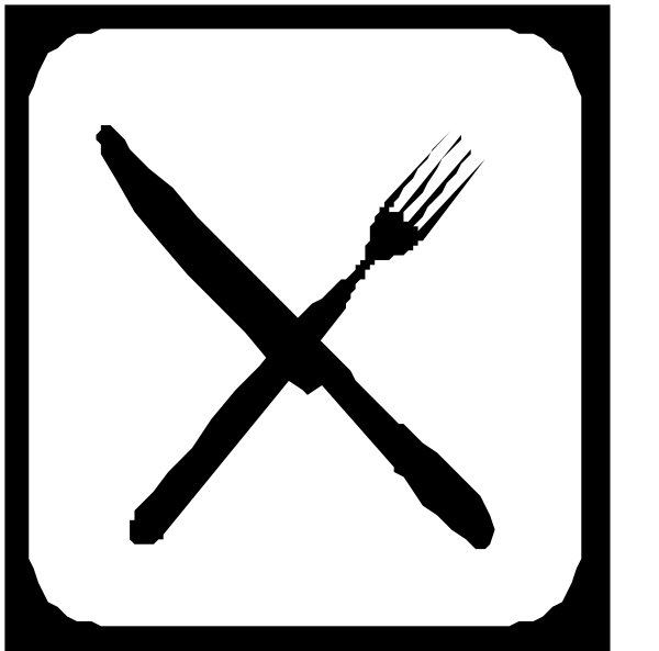 The image shows a black square with white symbols: an icon of a fork to its left, crossed out by two lines forming an "X" in the center; above this is another symbol that appears to be a knife and below it there's a spoon or utensil on top of what looks like food.