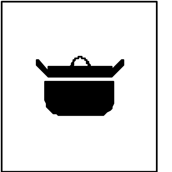 The image shows a black and white icon with three symbols: on top left is an oven mitt; below it to its right is a pot of soup in a bowl labeled "soup"; at bottom center there's a pantry symbol, which includes two items inside—a baguette (loaf) and some eggs.