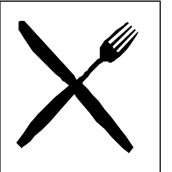 The image shows a black and white icon with symbols for "no eating" (a fork crossed out) on top of an upside-down spoon symbolizing food prohibition, next to which is a sign indicating that it's not allowed in this area or establishment.