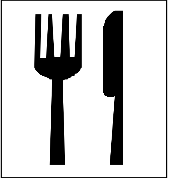 The image shows a simple black icon with white outlines representing three items: fork on left side of picture, knife next to it in middle, spoon above them both at top right corner; all within square frame that has four sides and is outlined by thicker line than rest of icons. There are no texts or additional elements present in the image. The style appears minimalistic with a focus on essential kitchen utensils symbolizing food preparation without any specific action taking place, set against plain white background which does not provide context for location or setting beyond what is immediately visible within icon itself.