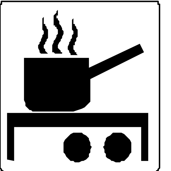The black and white icon shows a cooking pot on top of an oven with steam rising from it next to a truck carrying various kitchen items like pots, bowls, spoons, etc., indicating that food is being prepared for transport in this image.