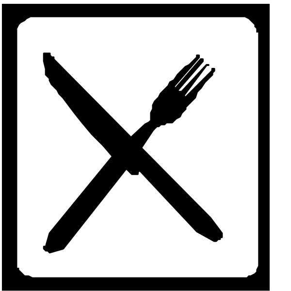 The image shows a black icon with white text that reads "NO FOOD" next to an illustration of a fork on one side and knife on another indicating prohibition from eating utensils in this area, set against a dark background.