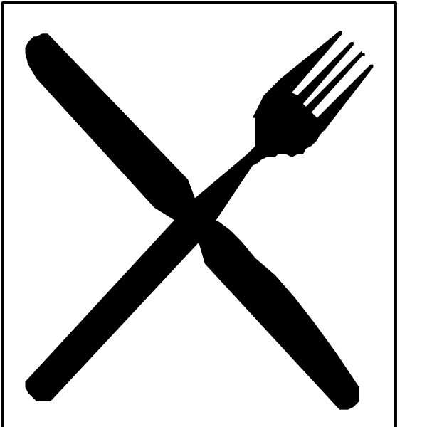 The image shows a black and white icon with symbols for "no" crossed out by an X over two overlapping images of eating utensils (fork on left side) indicating that food is prohibited in this area, as indicated by the sign's message: 'No Food Allowed'.