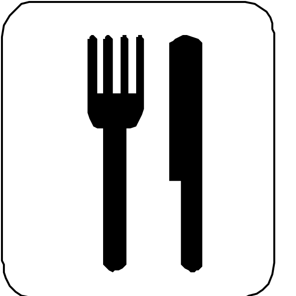 The image shows a simple black icon with white outlines representing various kitchen utensils: fork on top left corner; knife in center right side of picture; spoon to bottom left; plate at bottom middle part, and an oven below it.