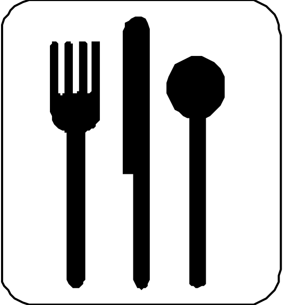 The image shows a collection of four iconic symbols representing different aspects:

1) A fork with two tines pointing upwards on top left corner; 2) An empty plate in center-left, next to an eating utensil and spoon symbol; 3) Two spoons crossed over each other at bottom right corner. The image is a simple black and white line drawing without any additional context or background details provided within the frame of this clip art collection. There are no texts present on these symbols in their original form, but they represent common kitchenware items used for dining purposes