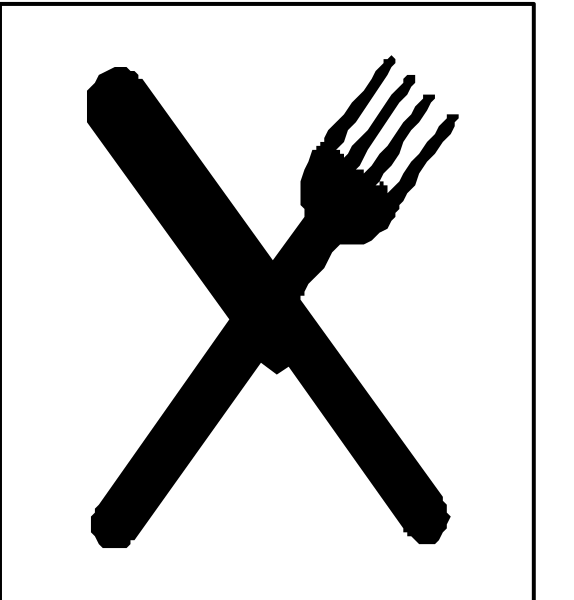 The image shows a black silhouette of an eating utensil crossed out by a red line on top left corner with "X" symbol in center right side indicating prohibition against it.