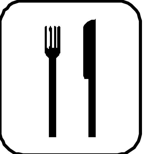 The image shows a collection of white silhouette symbols representing various kitchen utensils: fork (fork), knife (knife), spoon (spoon).