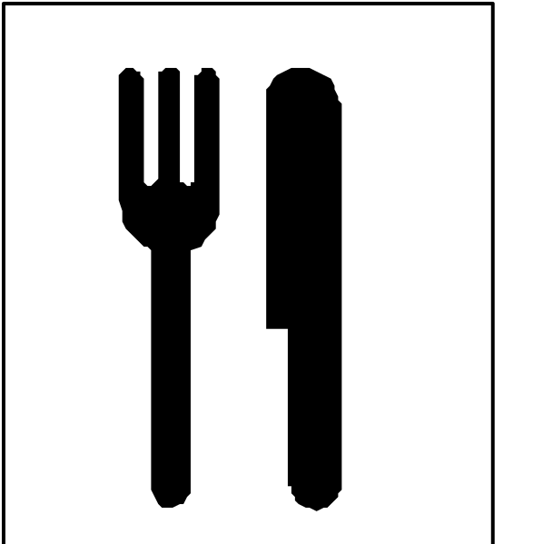 The image shows a black icon of an eating utensil next to another symbol that represents food on top of it all within a square frame with rounded corners.