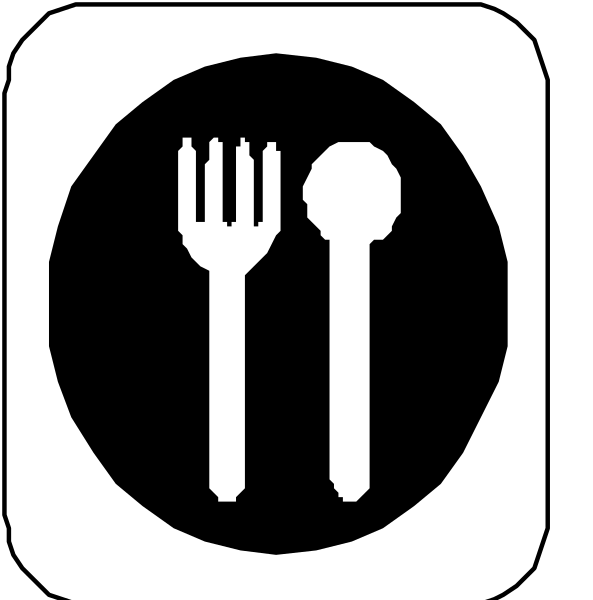 The image shows two black iconographic representations of a dining set: on top is an eating utensil (fork), in middle there's food items like pizza slices with toppings, and at bottom it features another fork next to what appears to be a plate or serving dish containing more pieces of the same type of food.
