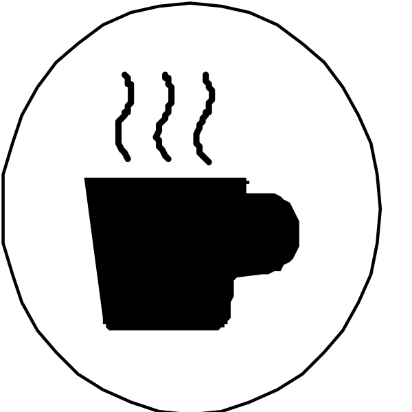 The image shows a black and white icon with three symbols: on top left is an espresso cup symbolizing coffee; in center right there's a steaming mug of hot chocolate indicating tea; at bottom, two overlapping cups represent different types or sizes of beverages like lattes.