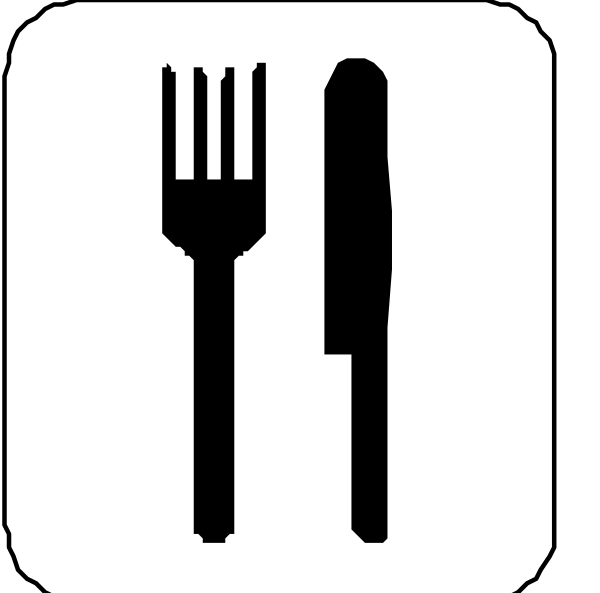 The image shows a black silhouette of an iconic restaurant menu with symbols for food items: fork (fork), knife (knife), spoon (spoon).