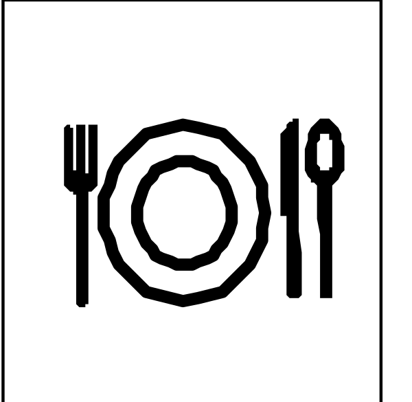 The image shows a black and white icon of tableware including a fork to its left, knife next to it, spoon in front, plate on top with an oval shape around it symbolizing food, and a wine glass above that. To their right is another set consisting of two spoons crossed over each other at the bottom end, representing eating utensils or possibly serving dishes for multiple people. The icon has no background detailing setting but focuses solely on tableware items commonly associated with dining.