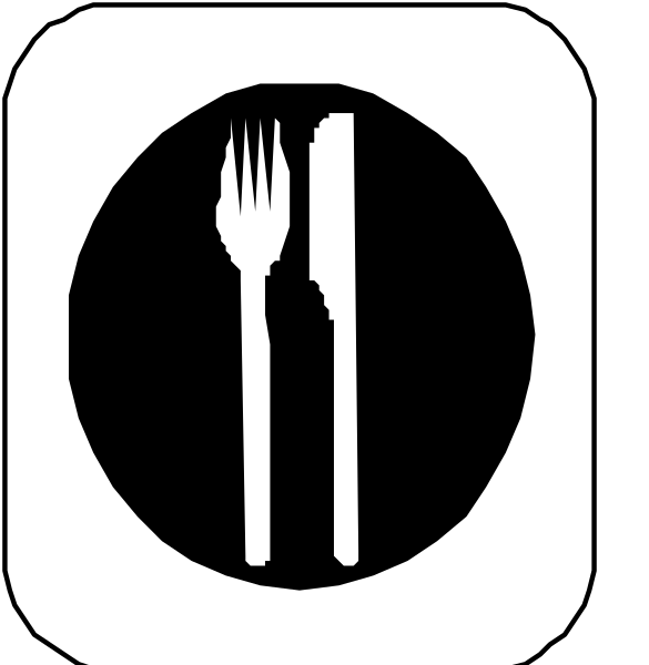 The image shows a black square with four smaller squares containing icons of eating utensils: from left to right, there is an icon representing food (a fork), followed by another for dining tableware (knife and spoon) then cutlery (fork and knife). Each item has its own symbol. The background behind these symbols appears dark with a white square in the center of each smaller image.