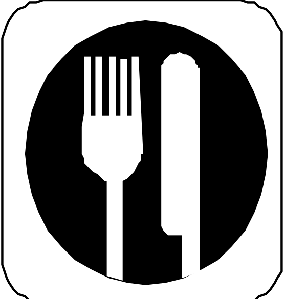 The logo consists of a white fork on top left corner with an icon that resembles food items to its right side in black color against a dark background.