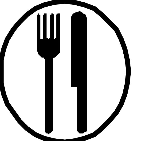 The black and white icon features a fork on top of two spoons with an arrow pointing to them from above left corner; below this is another symbol representing food items in front of which there's a knife, all set against a dark background.