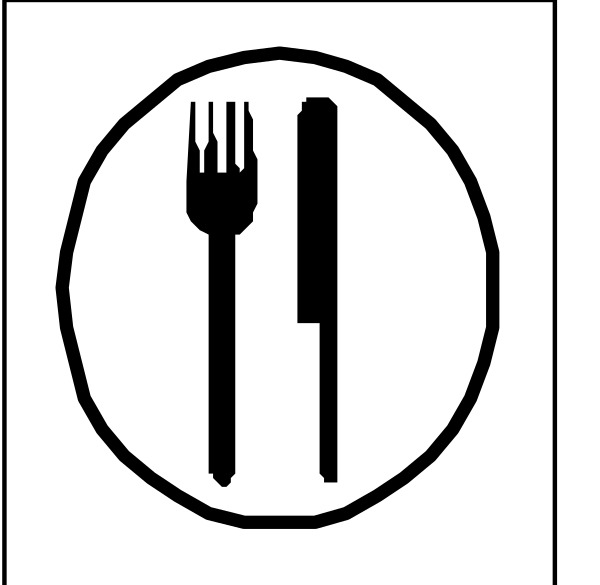 The image shows a black and white icon with symbols for dining utensils (fork, knife) inside an oval circle on top of two crossed lines that represent eating implements like chopsticks or spoons; below this symbol is another line representing food items such as pizza slices.