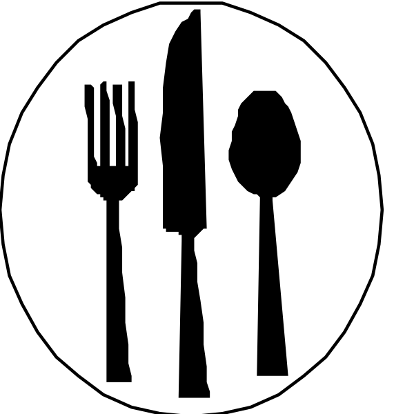 The black and white icon shows a fork on top of two spoons with an empty plate between them below three utensils: knife to left, spoon in middle, and another knife at bottom right corner; all items appear as silhouettes against plain background.