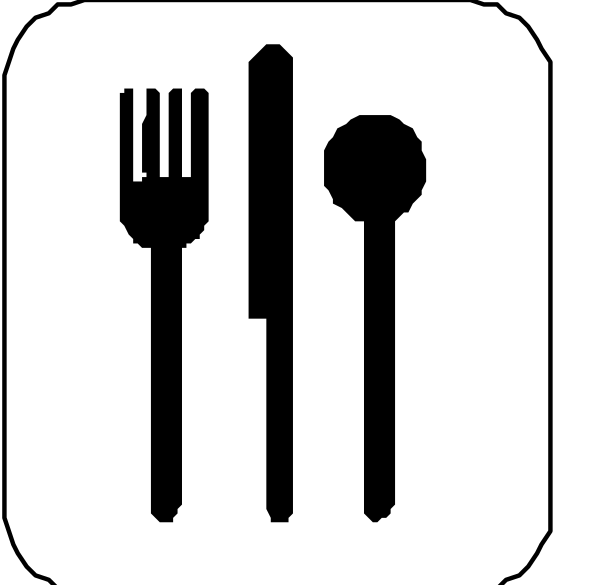 The image displays a simple black icon with white outlines representing various kitchen utensils: fork, knife, spoon, plate, bowl, cup, wine glass, pizza slice, sandwich, hamburger, hot dog bun, and french fries.