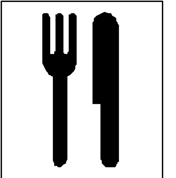 The image shows a simple black icon of an eating utensil on top of two plates with food items next to each other in front of what appears to be a fork and knife symbolizing dining implements.
