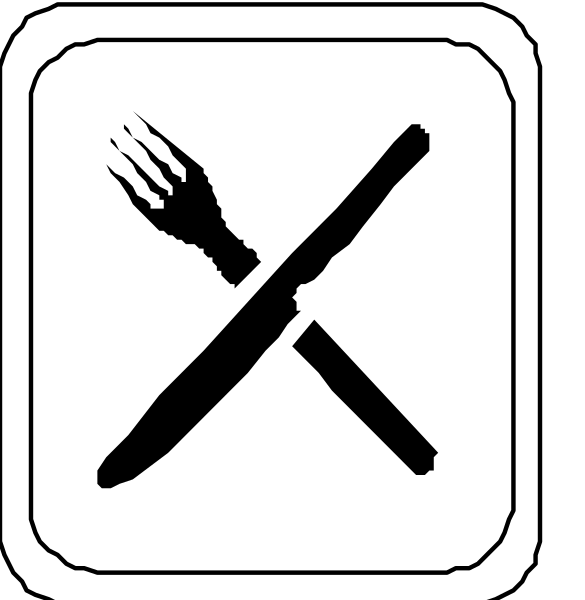 The image shows two signs: on top there's a sign with an icon of a fork crossed out by a knife; below it is another sign featuring a spoon next to a plate symbolizing food prohibition, and both symbols have lines through them indicating that eating utensils are not allowed in the area.