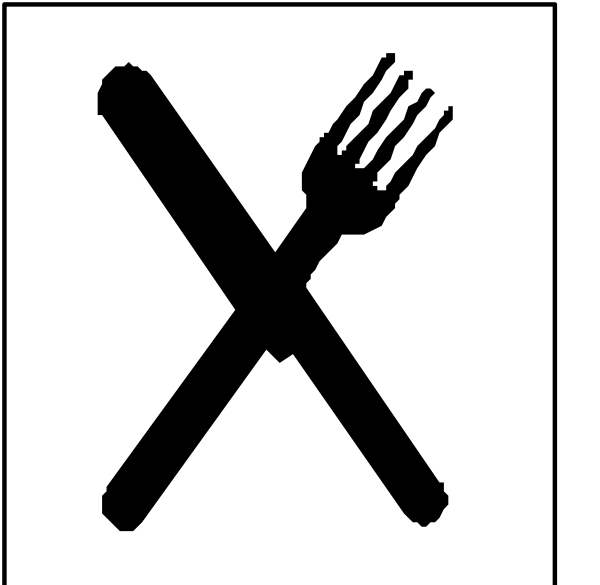 The image shows a black and white icon with symbols for "no eating" (a fork) crossed out by an arrow pointing to it from above left corner of the frame.
