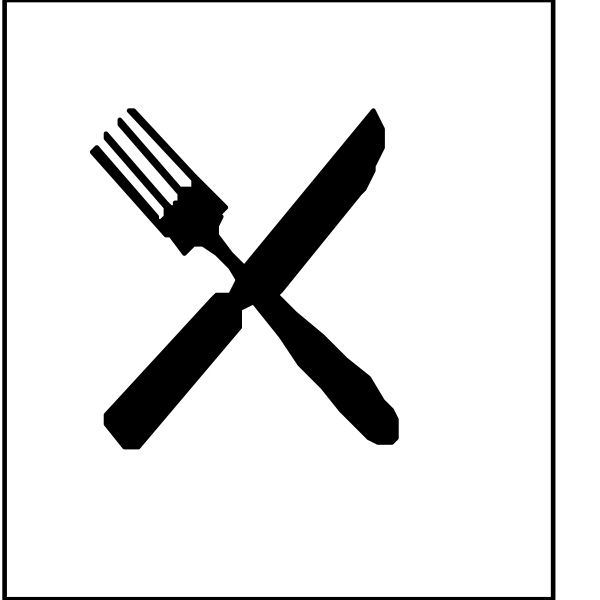 The image shows a black and white icon with two symbols: on top there is an eating utensil (fork), indicating food; below it to its right is another symbol of a knife next to what appears to be a plate, suggesting dining out or takeout meal options.