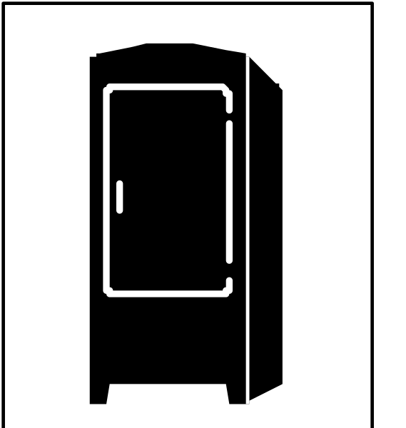 The image shows a black and white icon of an ice cream truck with its door open on top right corner against a plain background.