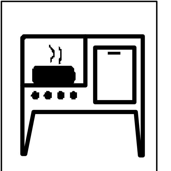 The black and white icon depicts a kitchen with an oven on top of it to its right side, next to which is a sink filled with dishes under what appears to be a window above them; there's also a stove in front of these items that has two burners visible at the bottom. To the left of this setup stands a refrigerator and below are three drawers beneath an open cabinet door on its right side, suggesting storage space underneath it. The image is simple with no additional details or objects present to provide further context about location or activity within the kitchen scene depicted in black-