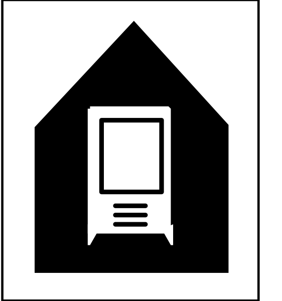The image shows two different signs: on top there's a sign with an icon of a house next to it; below that is another sign featuring icons for a phone and what appears to be a person, possibly indicating some form of communication service related to home or residential services. Both images are in black-and-white color scheme. The style suggests they might represent logos or symbols commonly found on signs at businesses like real estate offices or utility companies that offer house listing/selling services with phone support for customers.