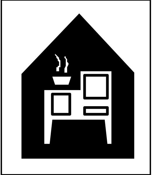 The images show a house icon on top of an apartment building with various household items below it: