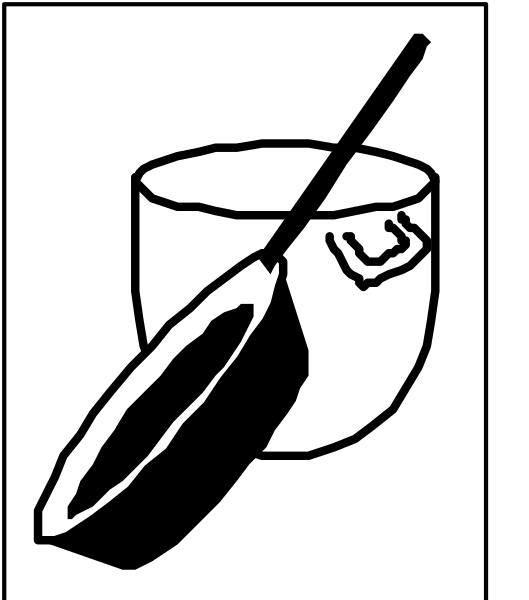The black and white illustration shows a cup with an oar inside it on top of what appears to be paperwork in a folder.