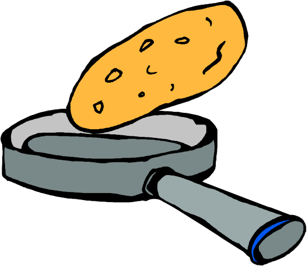 The illustration shows a frying pan with two spatulas on it next to an egg omelette that is being cooked in another skillet.