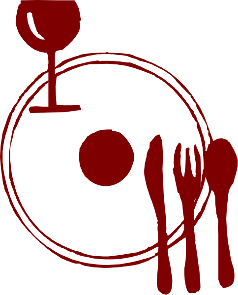 The image shows a red circle with white lines forming an abstract design inside it; to its right is another smaller circular shape containing what appears to be blood splatters on top of various kitchen utensils such as knives, spoons and forks in different orientations against a dark background.