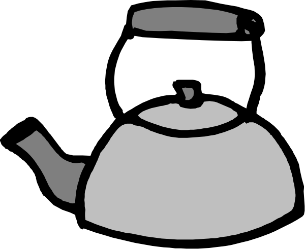 The black and white cartoon shows a teapot with its lid open on top of what appears to be an oven door handle in front of it.