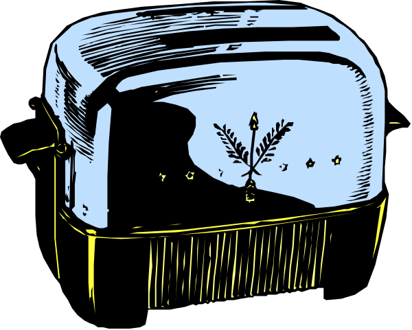 The black and white illustration shows a toaster with two slices of bread on top placed next to an oven that has one door open revealing its interior.