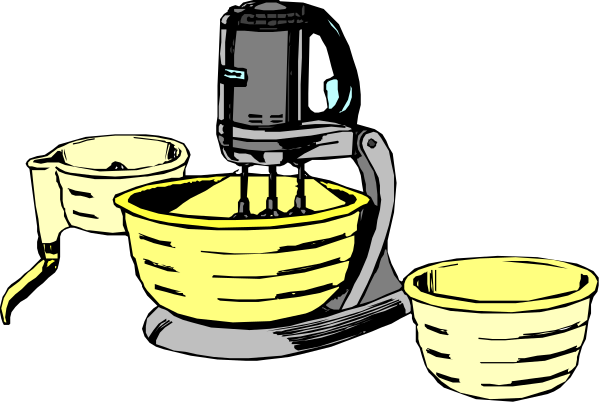 The black and white cartoon shows a kitchen scene with various cooking utensils such as bowls, spoons, pans on top of each other in front of an oven that has something inside it; there's also a mixer to its right side.