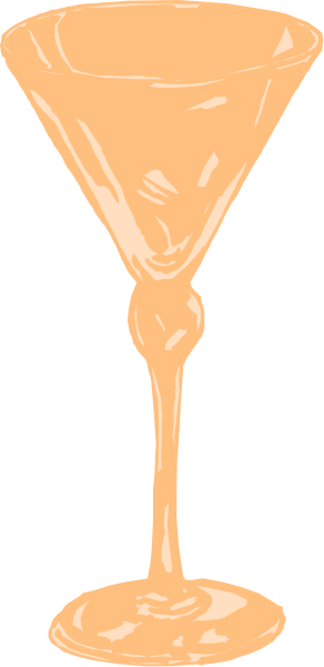 The image shows a tall martini glass filled with an orange liquid on top of what appears to be a table surface against a dark background.