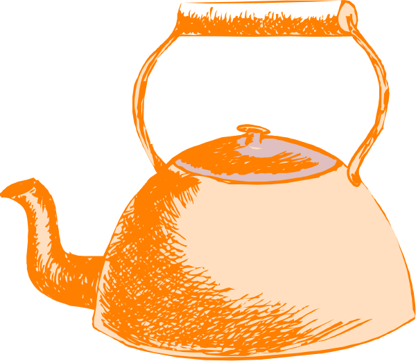 The image shows a cartoon of an orange teapot with two handles on either side, sitting next to what appears to be a glass jar that has something inside it but is unclear from this angle.